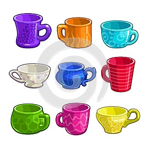 Funny cartoon colorful tea and coffee cups