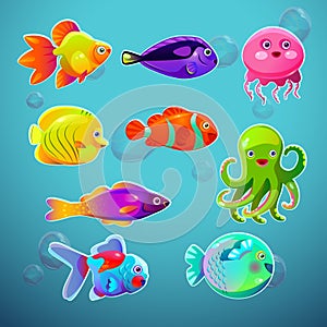 Funny cartoon colorful tropic fishes set