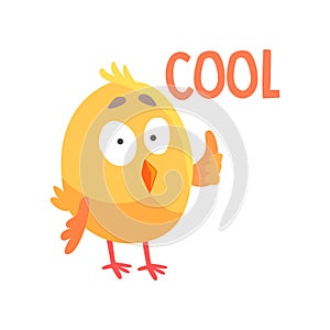 Funny cartoon comic chicken showing thumb up, positive hand gesture vector Illustration