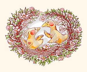 Funny cartoon couple of birds on ornate branch of flowering sakura. Vector hand-drawn illustration
