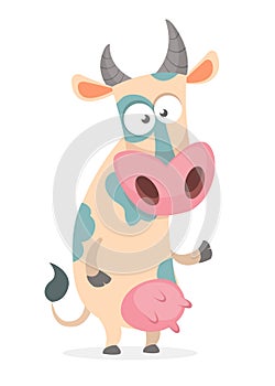 Funny cartoon cow character pointing on something isolated on white background