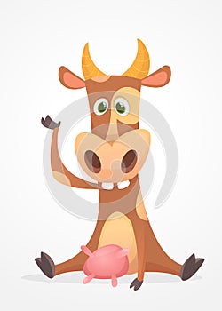 Funny cartoon cow character waving. Isolated on white background. Farm animals. Vector illustration.