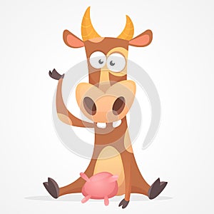 Funny cartoon cow character waving. Isolated on white background. Farm animals. Vector illustration.