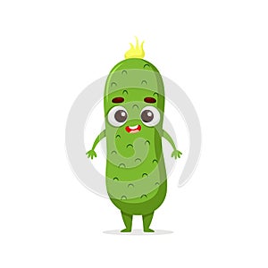 Funny cartoon cucumber. Kawaii vegetable character. Vector food illustration isolated on white background