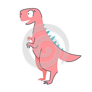 Funny cartoon cute pink dinosaur. Cute happy dinosaur girl. Funny pink dragon mascot. Isolated over white background