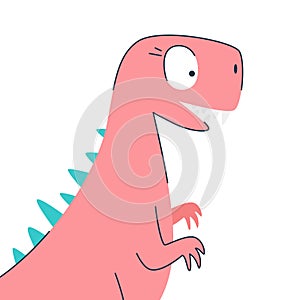 Funny cartoon cute pink dinosaur. Cute happy dinosaur girl. Funny pink dragon mascot. Isolated over white background