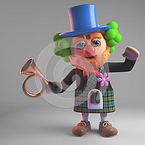 Funny cartoon 3d Scottish man in kilt wearing a clown red nose and holding an old car horn, 3d illustration