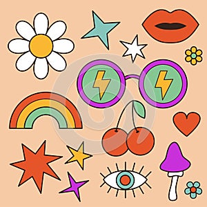 Funny cartoon daisy flower, mushroom, heart, star, rainbow, sunglasses, cherry, lips, eye. Groovy retro icon set in 60s, 70s