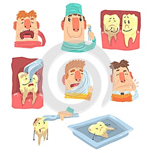 Funny Cartoon Dentist And Patient Illustration Series With Dental Care Procedures And Humanized Teeth Characters