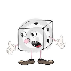 Funny cartoon dice with eyes, hands and feet in shoes experiencing emotion annoyance and spreads his hands.
