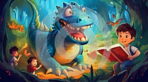 Funny cartoon about dinosaurs and children. A small child is reading a book about dragons.