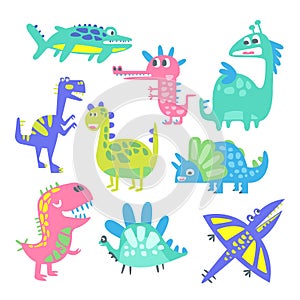 Funny cartoon dinosaurs set. Prehistoric animal characters vector Illustrations