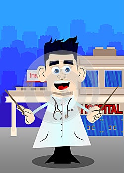 Funny cartoon doctor as an orchestra conductor. Vector illustration