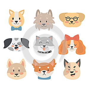 Funny cartoon dog character heads bread cartoon puppy friendly adorable canine vector illustration.