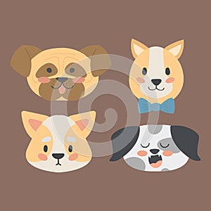 Funny cartoon dog character heads bread cartoon puppy friendly adorable canine vector illustration.