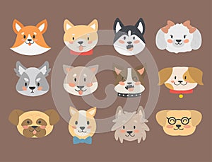 Funny cartoon dog character heads bread cartoon puppy friendly adorable canine vector illustration.