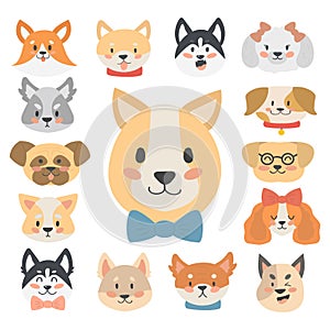 Funny cartoon dog character heads bread cartoon puppy friendly adorable canine vector illustration.