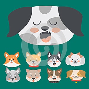 Funny cartoon dog character heads bread cartoon puppy friendly adorable canine vector illustration.