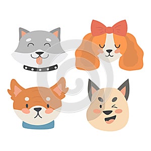 Funny cartoon dog character heads bread cartoon puppy friendly adorable canine vector illustration.