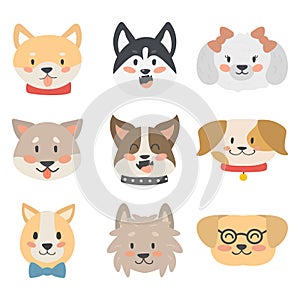 Funny cartoon dog character heads bread cartoon puppy friendly adorable canine vector illustration.