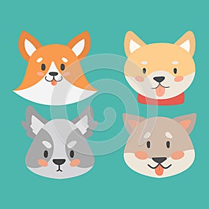 Funny cartoon dog character heads bread cartoon puppy friendly adorable canine vector illustration.