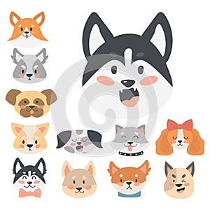 Funny cartoon dog character heads bread cartoon puppy friendly adorable canine vector illustration.