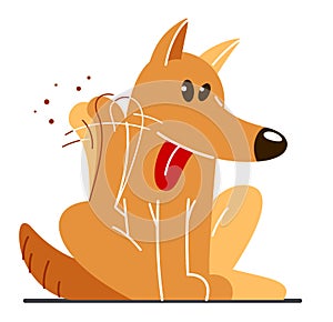 Funny cartoon dog itching and scratching vector flat style illustration isolated on white, cute and adorable domestic animal