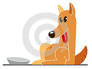 Funny cartoon dog sitting near his bowl satiated and happy vector flat style illustration isolated on white, cute and adorable
