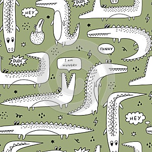 Funny cartoon doodle crocodile. Vector seamless pattern