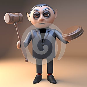 Funny cartoon dracula the vampire holding an auctioneers gavel, 3d illustration