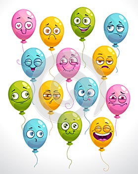 Funny cartoon emoji balloons set. Colorful smiley faces.