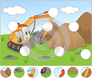 Funny cartoon excavator. Complete the puzzle and find the missing parts of the picture. Game for kids