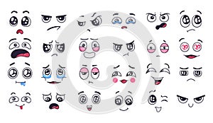 Funny cartoon faces. Face expressions, happy and sad mood. Laughing to tears face, smiling mouth and crying eyes. Doodle