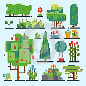 Funny cartoon fantasy shape tree set vector nature elements enviroment wood graphic illustration