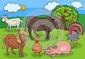 Funny cartoon farm animals characters group