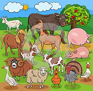 Funny cartoon farm animals characters group