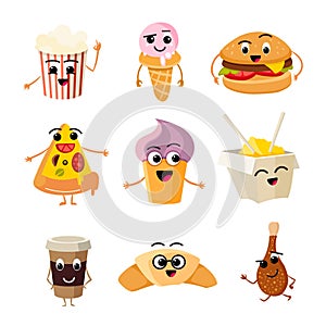 Funny cartoon fast food vector set