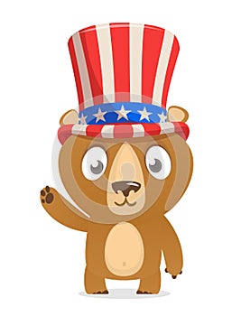 Funny cartoon fat bear wearing Uncle Sam hat. Grizzly character design for  American Independence Day