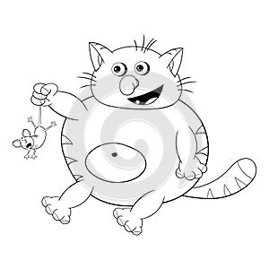 Funny cartoon fat cat sits, smiles and holds a small mouse by the tail. Black and white coloring