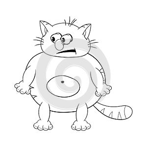Funny cartoon fat cat standing and looking suspiciously. Black and white coloring