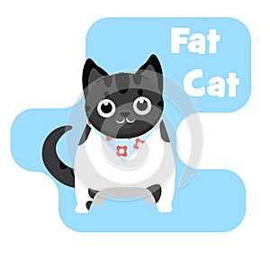 Funny cartoon Fat Cat vector illustration. Cute smiling black and white cat with bandana.