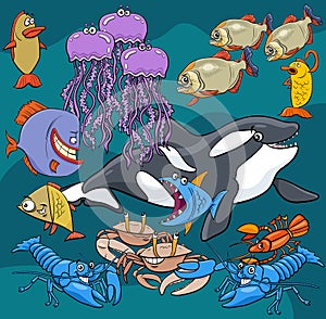 Funny cartoon fish and sea animal characters group