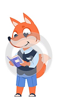 Funny cartoon fox kid with book. Forest animal getting education, developing children literature. School emblem template