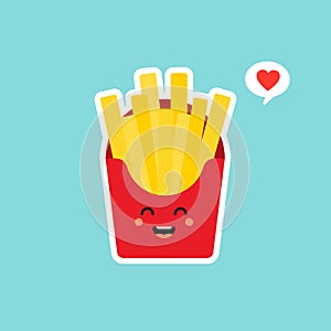 Funny cartoon french fries on paper cup for fast food or cafe menu themes design. Isolated on color background