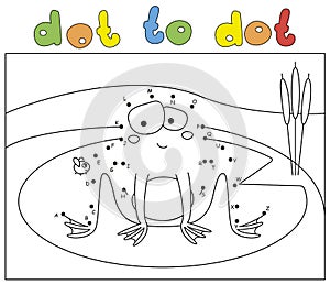 Funny cartoon frog and fly. Coloring book and dot to dot educational game