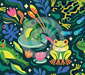 Funny cartoon frogs and tadpoles characters are jumping and swimming in the pond, seamless pattern