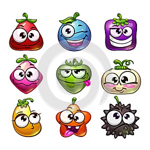 Funny cartoon fruit and berry characters set.
