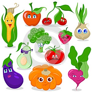 Funny cartoon fruit and vegetables vector set