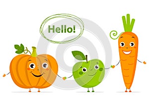 Funny Cartoon fruits and vegetables with eyes in flat style.