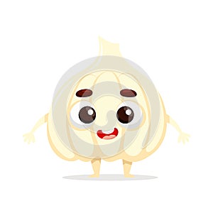 Funny cartoon garlic. Kawaii vegetable character. Vector food illustration isolated on white background